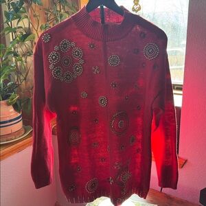 Red Beaded Sweater 80’s turtleneck Small oversize Victoria Jones Celestial decor